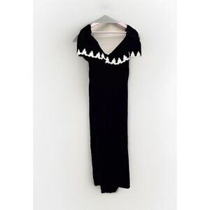 Vtg Jordan Dress M 10 Black Velvet White Trim Off Shoulder Maxi Romantic 80s‎